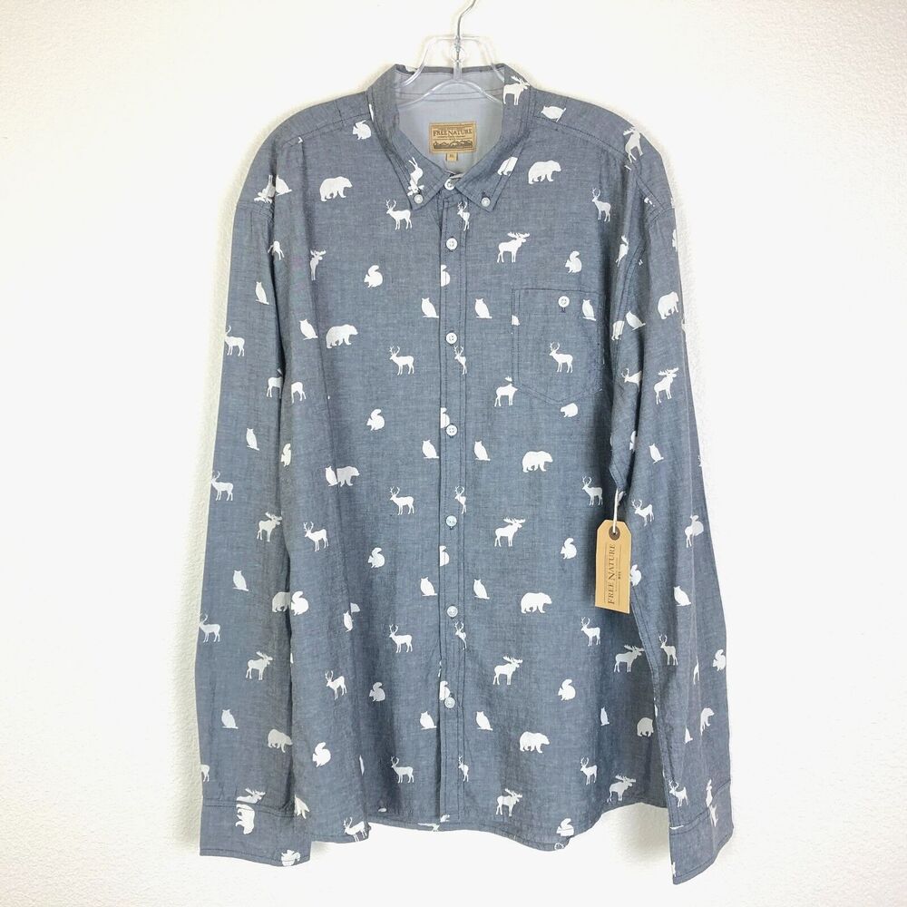 New FREE NATURE Men's Button Up Shirt Size XL Gray White Cotton Animal Wildlife